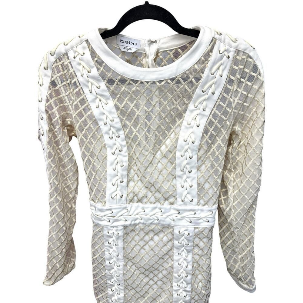 BEBE IVORY METALLIC EMBROIDERED MESH LACE UP DRESS KNEE LENGTH sz 8 - Picture 7 of 16
